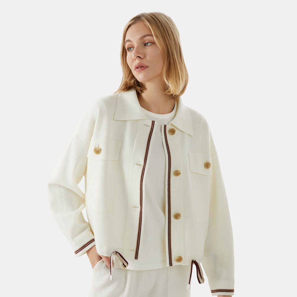 Latika Merino Wool Jacket in Dove White | Women's Sustainable and Stylish Knitwears | VIVAIA