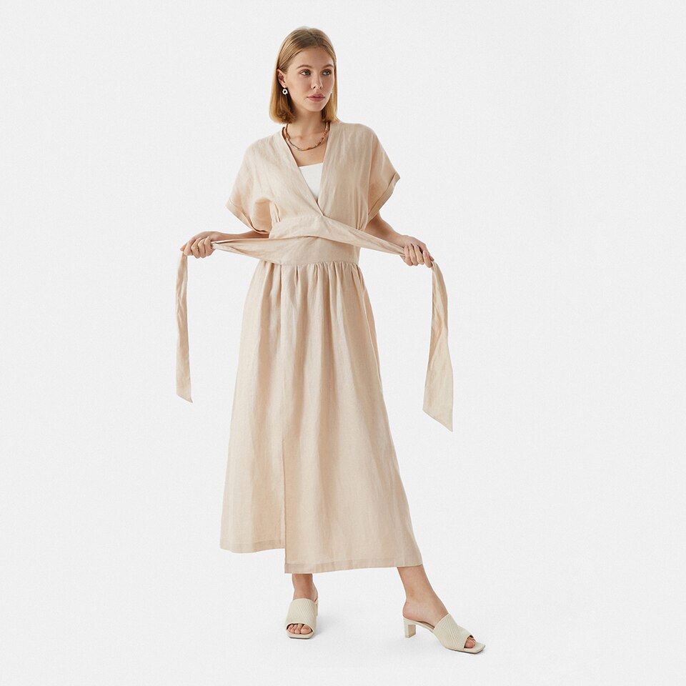 Laila Linen Wrap Dress in Cream Ivory | Women's Sustainable and Stylish Clothing | VIVAIA