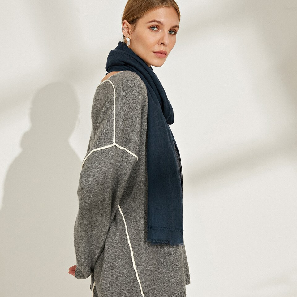 Linda Wool-Yak Gradient Scarf in Dark Blue | Women's Sustainable and Stylish Scarves | VIVAIA