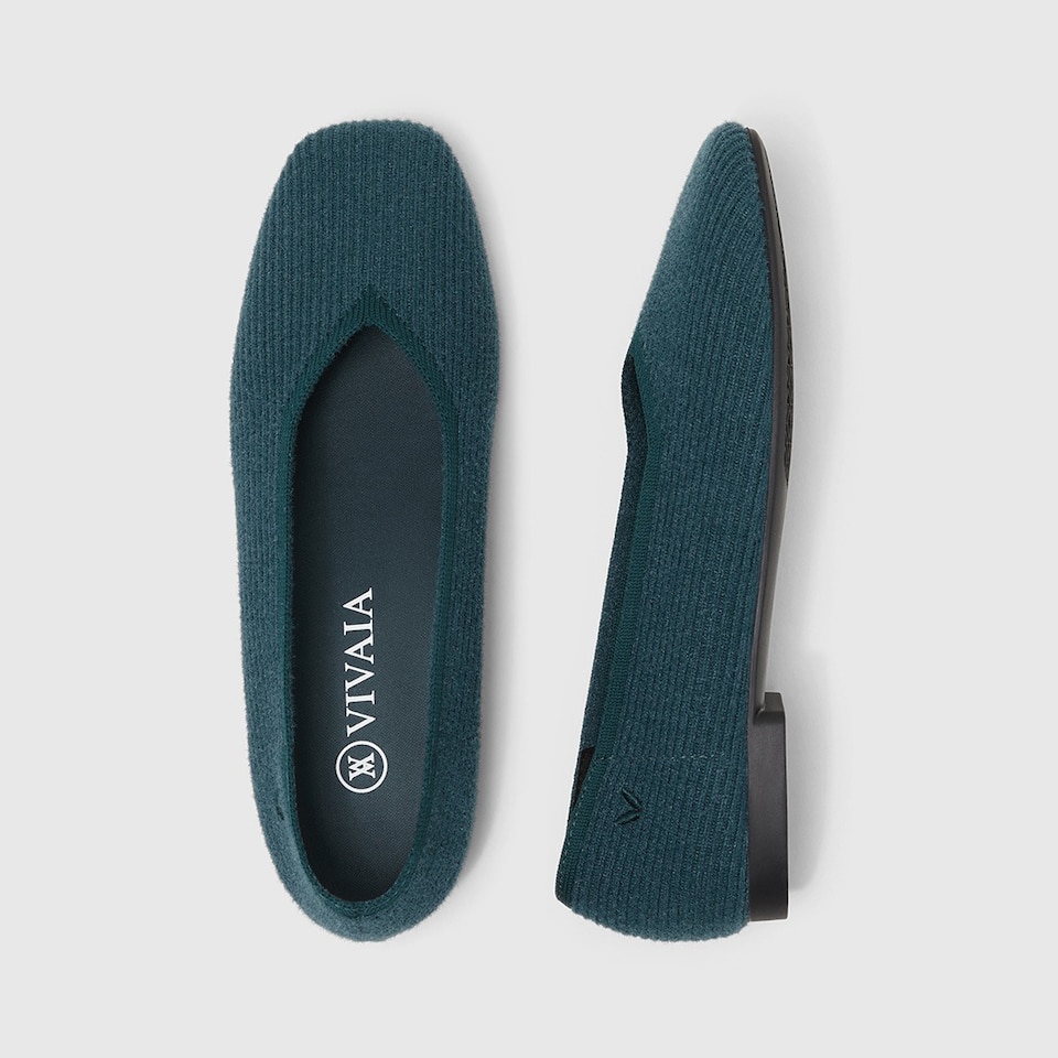 Margot Eco Fluffy Yarn Square Toe Flats in Deep Peacock | Women's Sustainable, Washable and Stylish Shoes | VIVAIA