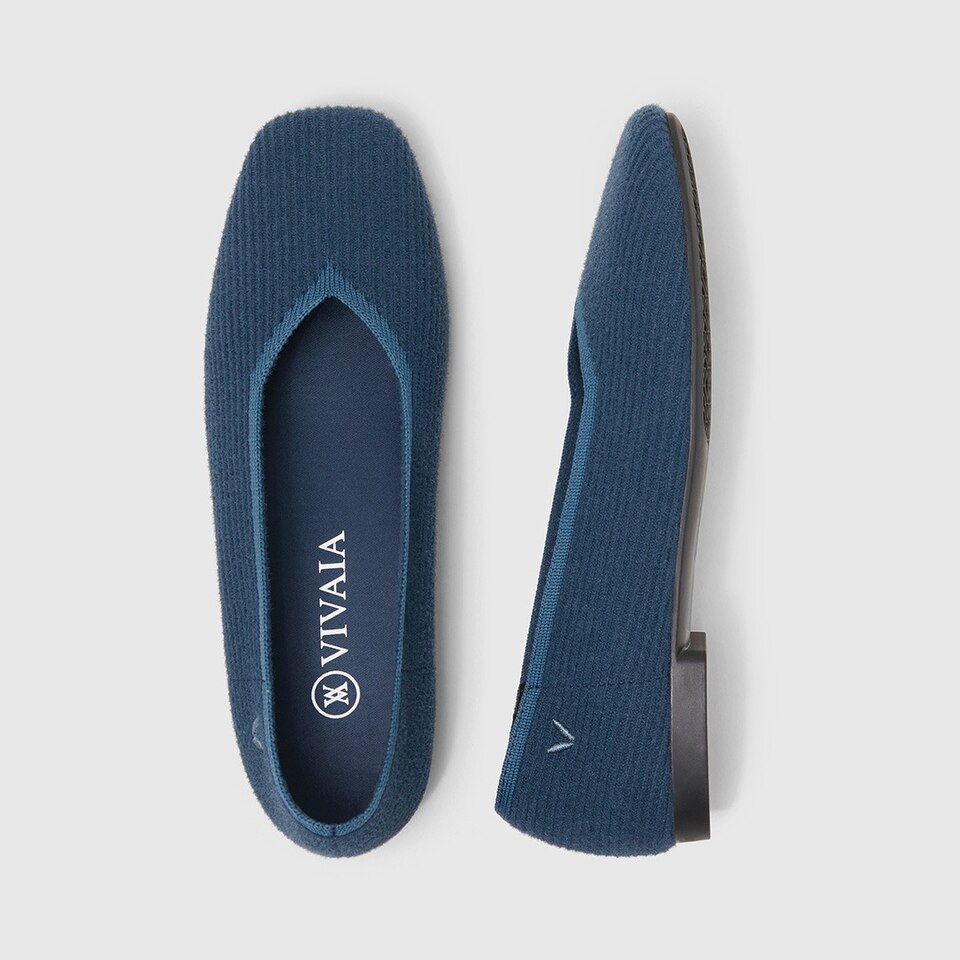 Margot Eco Fluffy Yarn Square Toe Flats in Deep Denim | Women's Sustainable, Washable and Stylish Shoes | VIVAIA