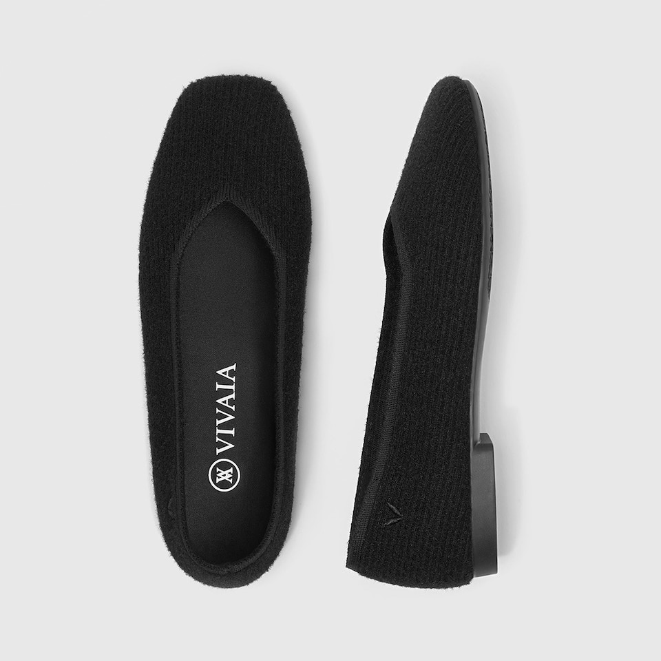 Margot Eco Fluffy Yarn Square Toe Flats in Solid Black | Women's Sustainable, Washable and Stylish Shoes | VIVAIA