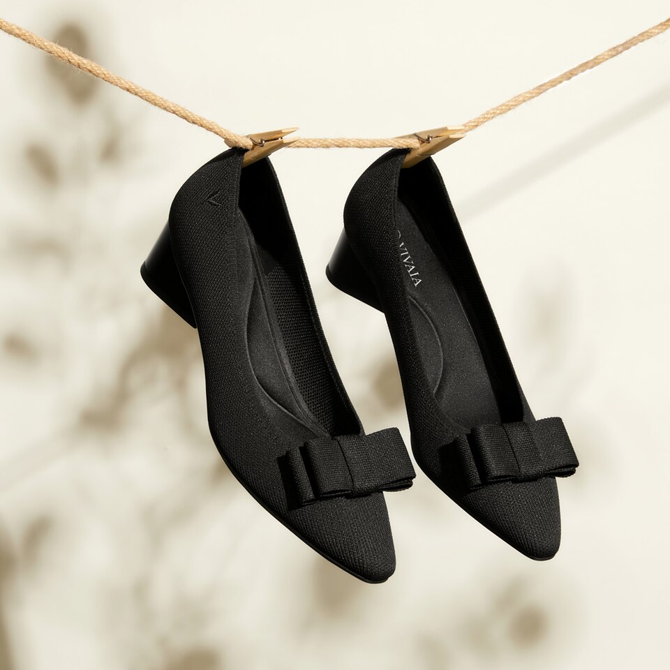 Titli Pointy Bow Heels in Deep Ebony | Women's Sustainable and Stylish Black Shoes | VIVAIA