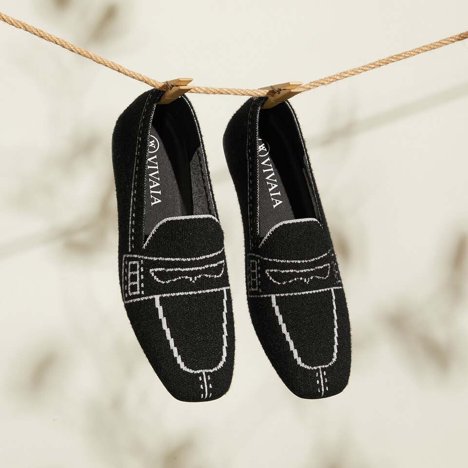 Sierra Square-toe Eco Fluffy Yarn Loafers in Black | Women's Sustainable, Washable and Stylish Shoes | VIVAIA