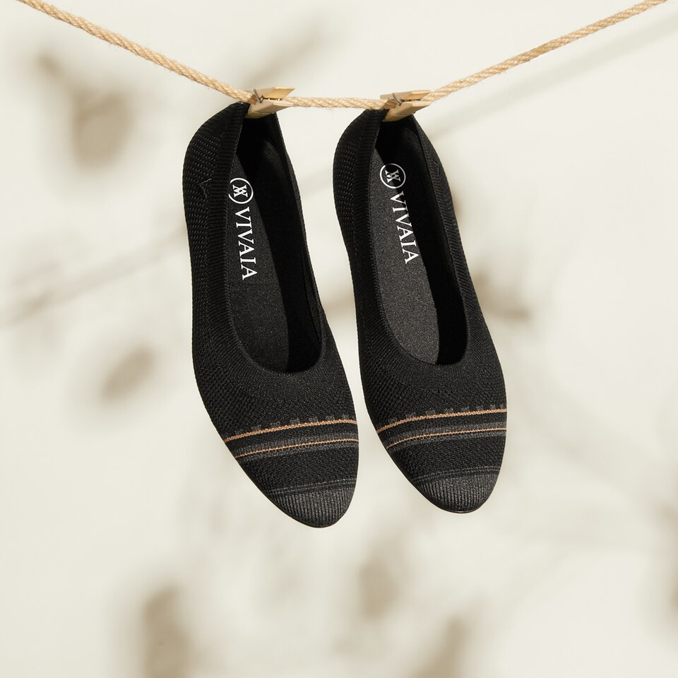 Aditi Round Foldable Flats in Striped Black | Women's Sustainable,Washable and Stylish Shoes | VIVAIA