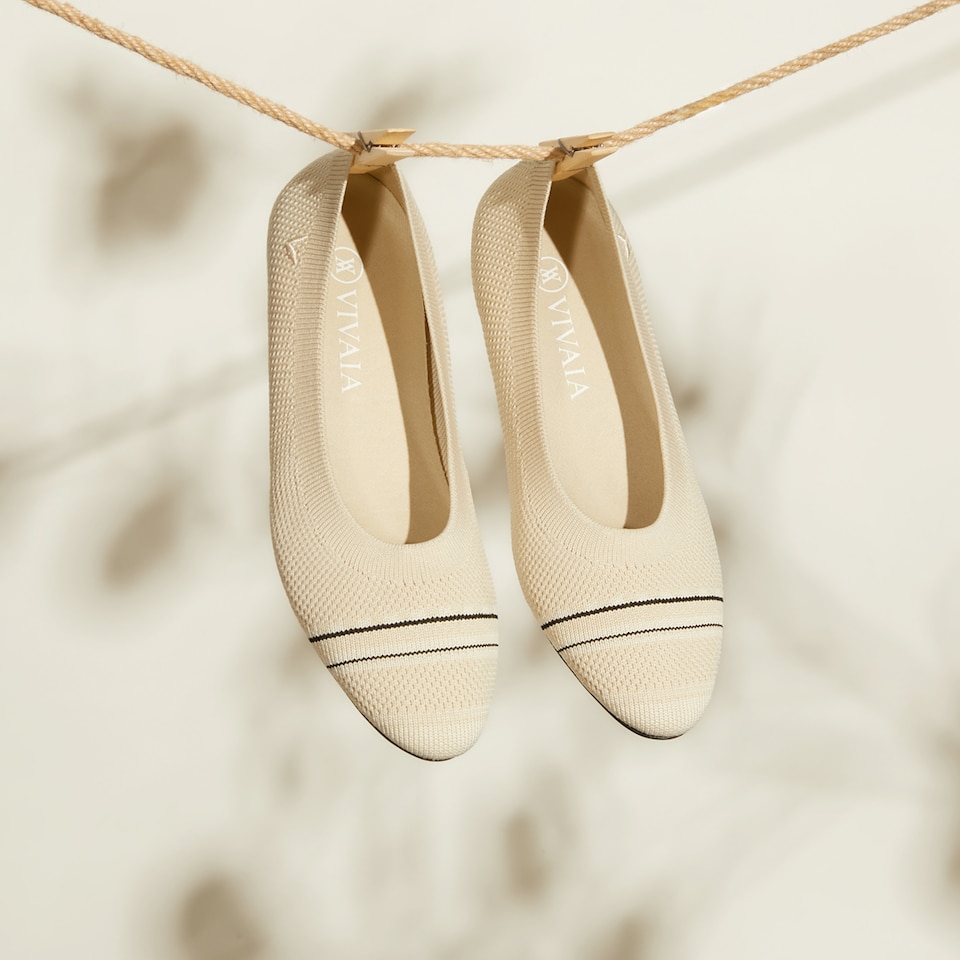 Aditi Round-toe Foldable Flats in Striped Cream | Women's Sustainable,Washable and Stylish Shoes | VIVAIA