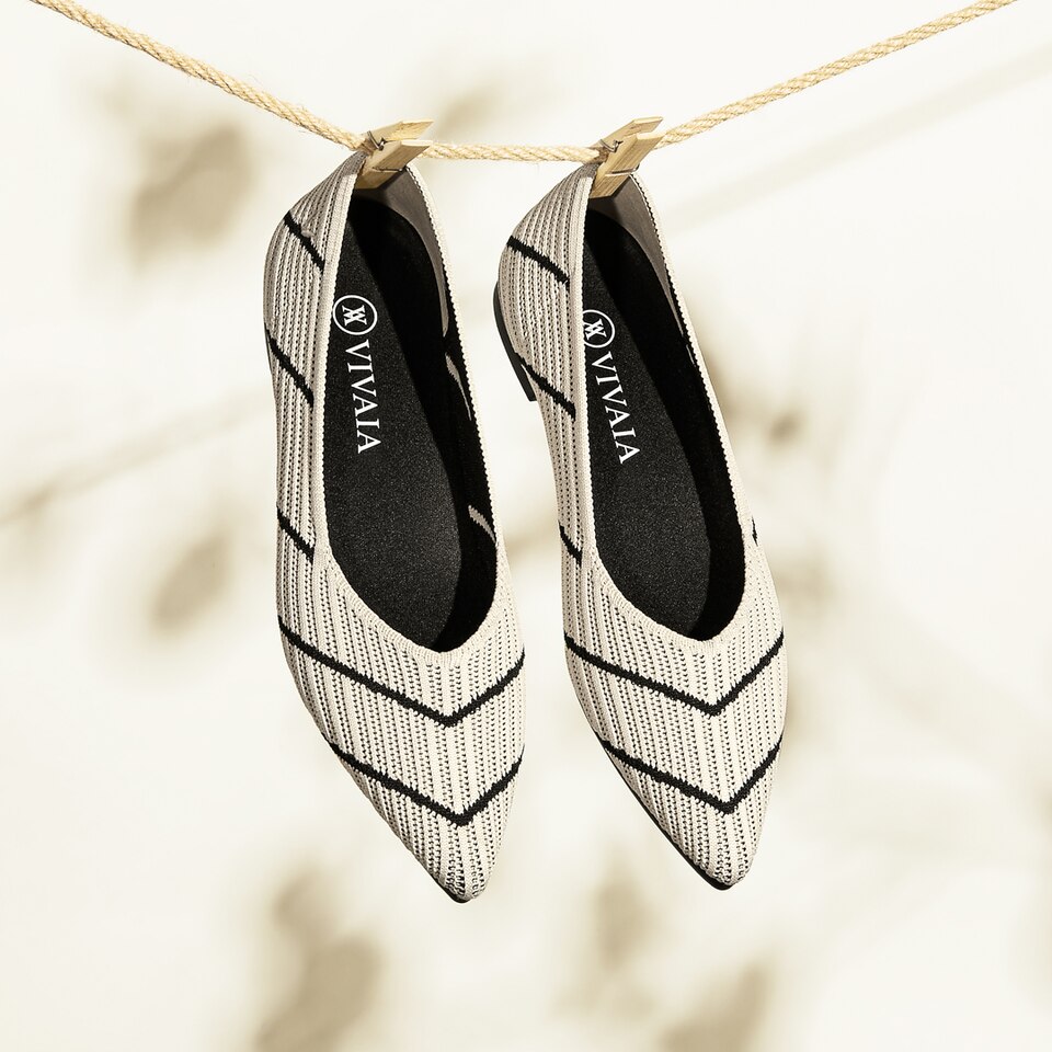 Macy Women Pointy Stripe Flats in Striped Cream -Washable & Comfortable Shoes | VIVAIA