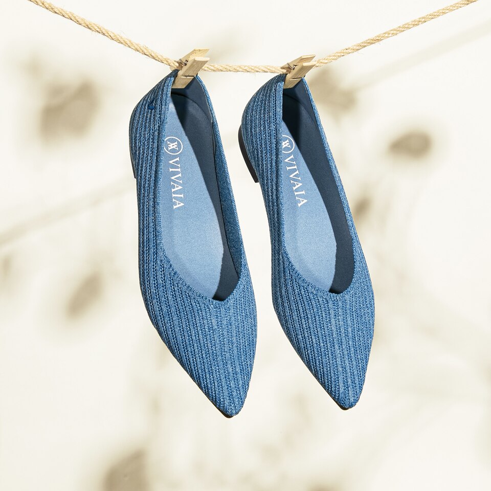 Macy Women Pointy Stripe Flats in Denim Blue -Washable & Comfortable Shoes | VIVAIA
