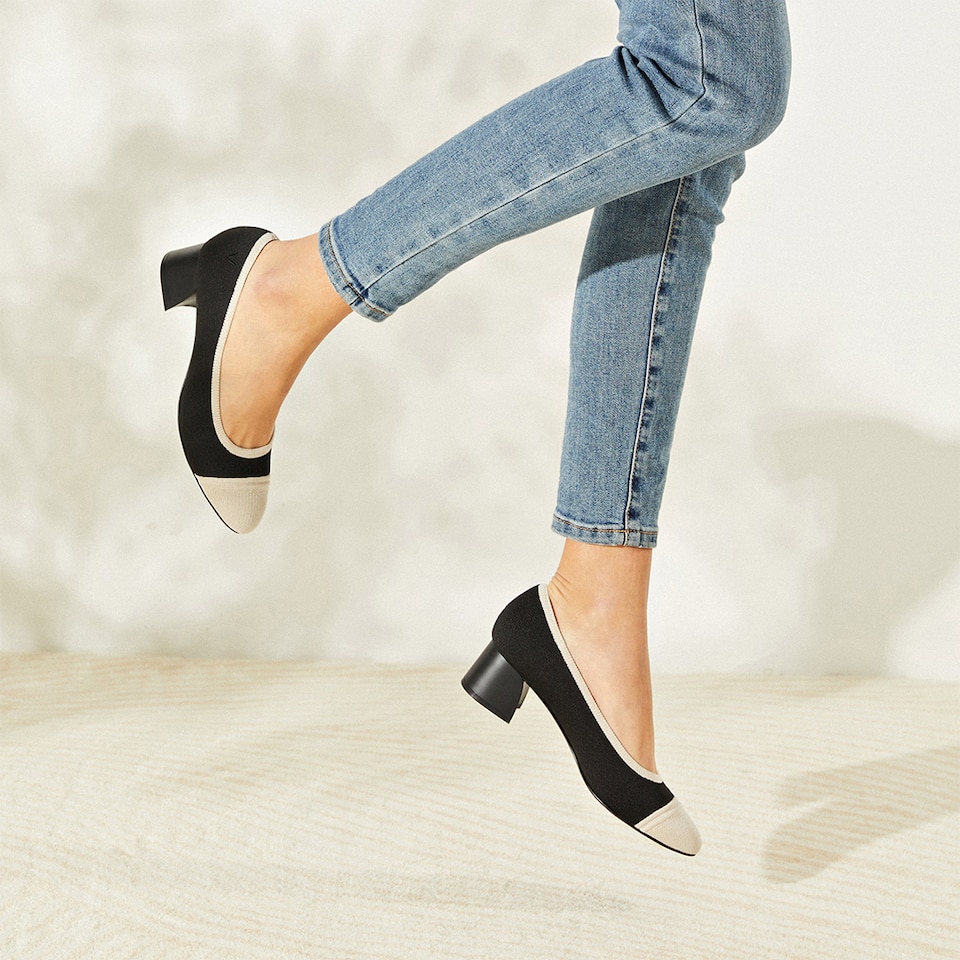 Julie Round Toe Heels White Black - Washable & Comfortable Heels | VIVAIA