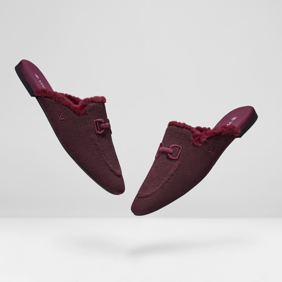 Erica Round-toe Fluffy Mules in Bordeaux Red | Women's Sustainable and Stylish Shoes | VIVAIA