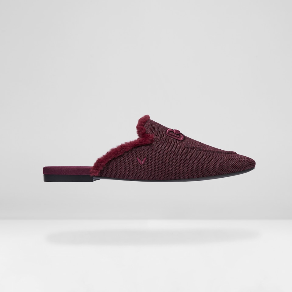 Erica Round-toe Fluffy Mules in Bordeaux Red | Women's Sustainable and Stylish Shoes | VIVAIA