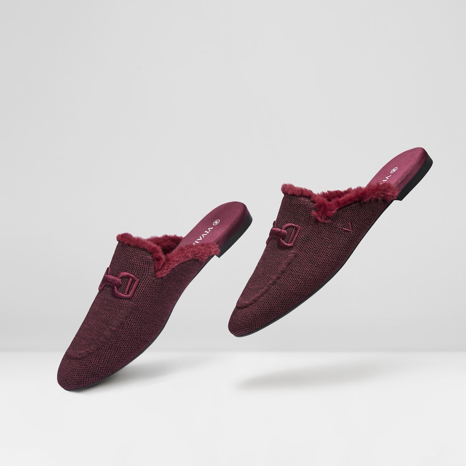 Erica Round-toe Fluffy Mules in Bordeaux Red | Women's Sustainable and Stylish Shoes | VIVAIA