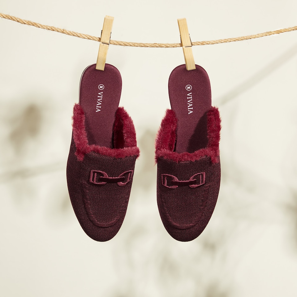 Erica Round-toe Fluffy Mules in Bordeaux Red | Women's Sustainable and Stylish Shoes | VIVAIA