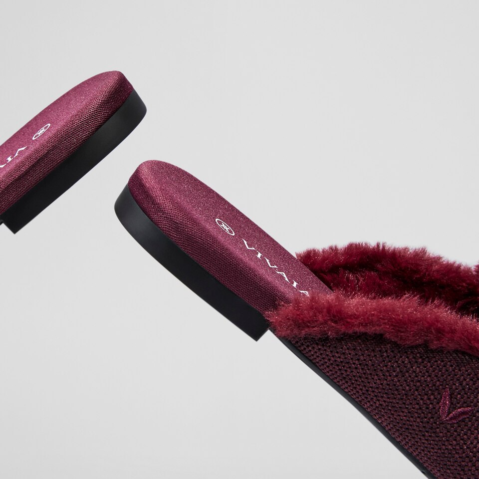 Erica Round-toe Fluffy Mules in Bordeaux Red | Women's Sustainable and Stylish Shoes | VIVAIA