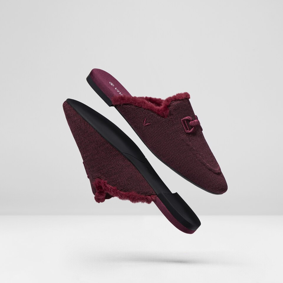 Erica Round-toe Fluffy Mules in Bordeaux Red | Women's Sustainable and Stylish Shoes | VIVAIA