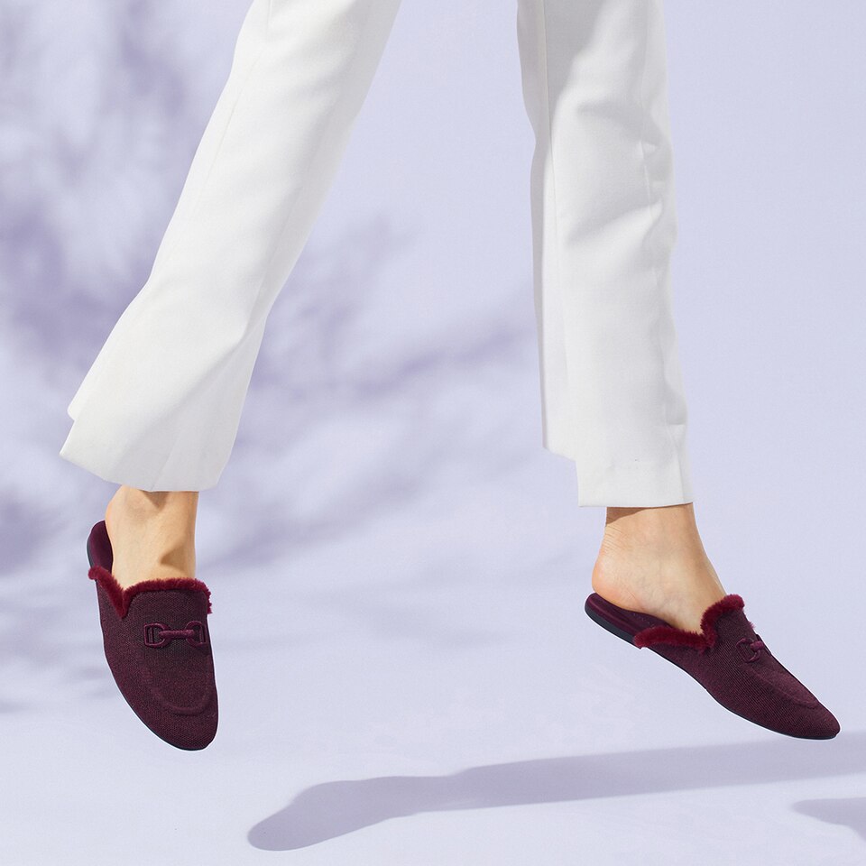 Erica Round-toe Fluffy Mules in Bordeaux Red | Women's Sustainable and Stylish Shoes | VIVAIA
