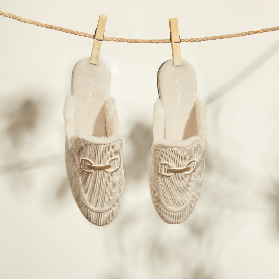 Erica Round-toe Fluffy Mules in Cream Ivory | Women's Sustainable and Stylish Shoes | VIVAIA