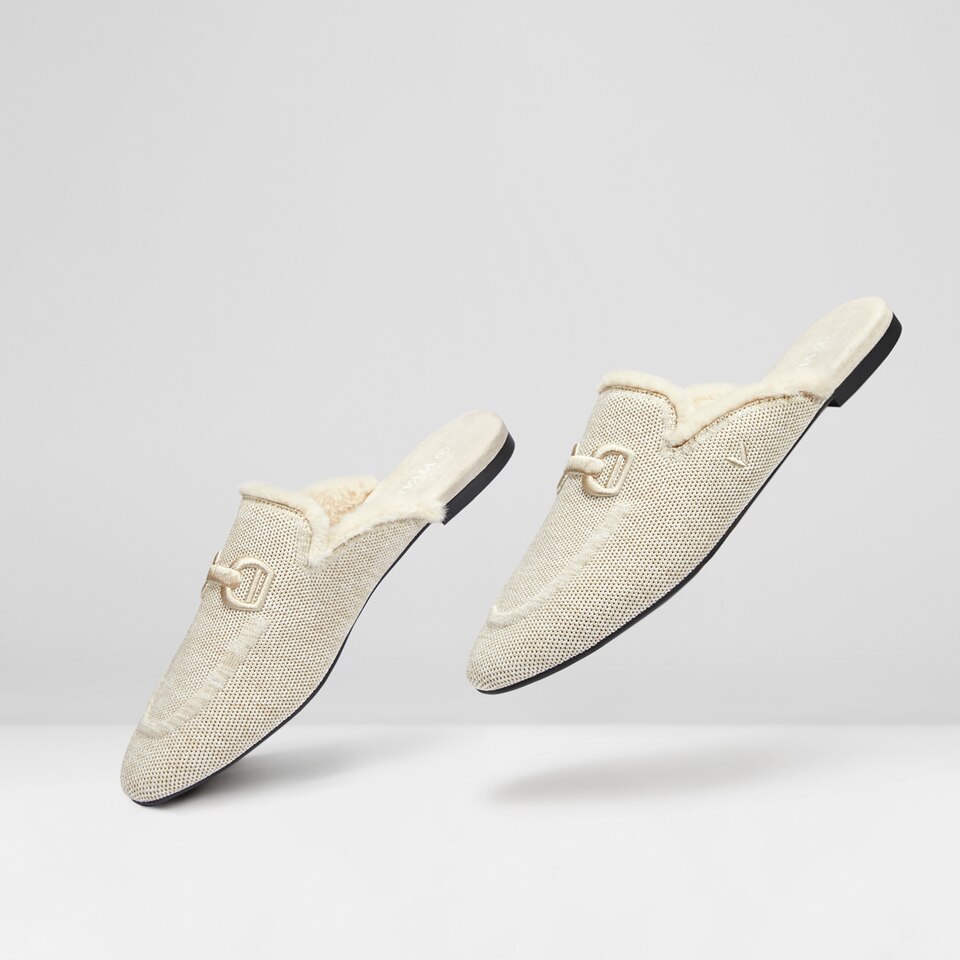 Erica Round-toe Fluffy Mules in Cream Ivory | Women's Sustainable and Stylish Shoes | VIVAIA