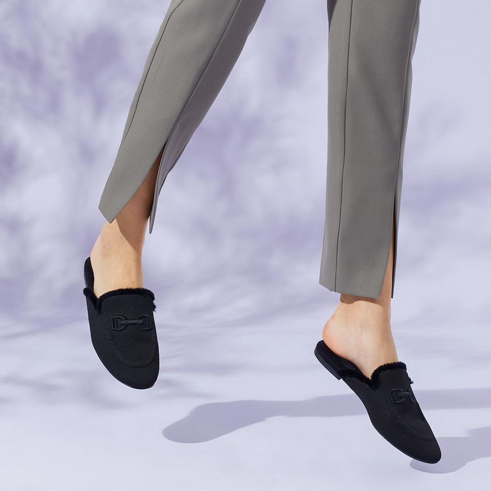 Erica Round-toe Fluffy Mules in Black | Women's Sustainable and Stylish Shoes | VIVAIA