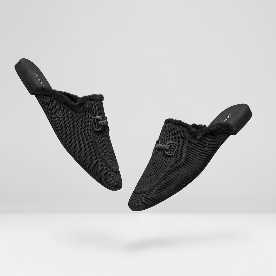 Erica Round-toe Fluffy Mules in Black | Women's Sustainable and Stylish Shoes | VIVAIA