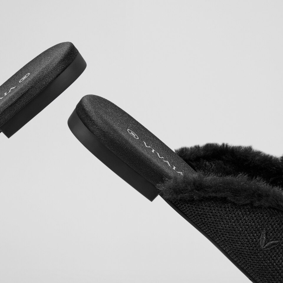 Erica Round-toe Fluffy Mules in Black | Women's Sustainable and Stylish Shoes | VIVAIA