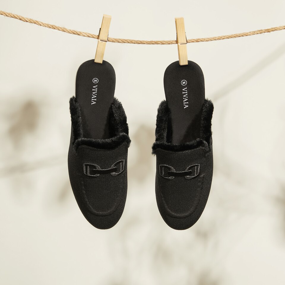 Erica Round-toe Fluffy Mules in Black | Women's Sustainable and Stylish Shoes | VIVAIA