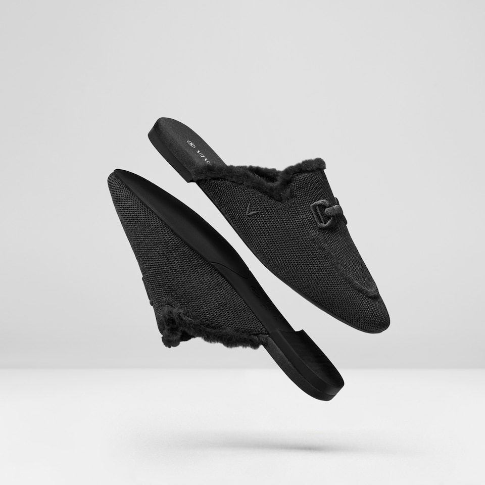 Erica Round-toe Fluffy Mules in Black | Women's Sustainable and Stylish Shoes | VIVAIA