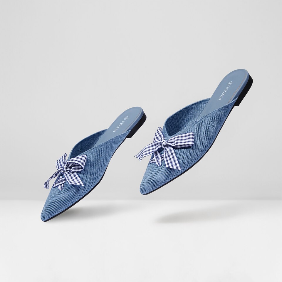 Molly Pointed-Toe Bow Mules in Grey Blue - Women's Sustainable and Stylish Shoes | Vivaia