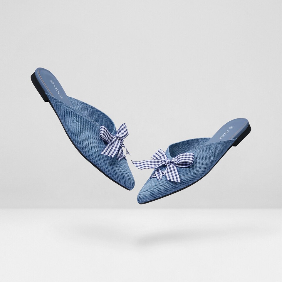 Molly Pointed-Toe Bow Mules in Grey Blue - Women's Sustainable and Stylish Shoes | Vivaia
