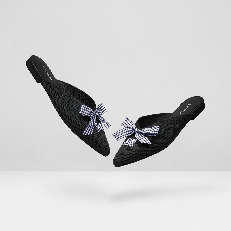 Molly Pointed-Toe Bow Mules in Solid Black - Women's Sustainable and Stylish Shoes | Vivaia