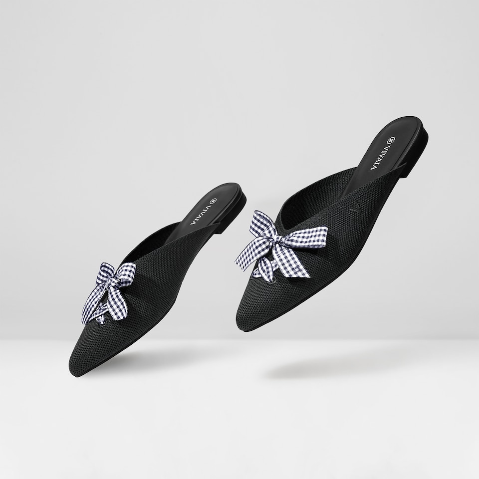 Molly Pointed-Toe Bow Mules in Solid Black - Women's Sustainable and Stylish Shoes | Vivaia