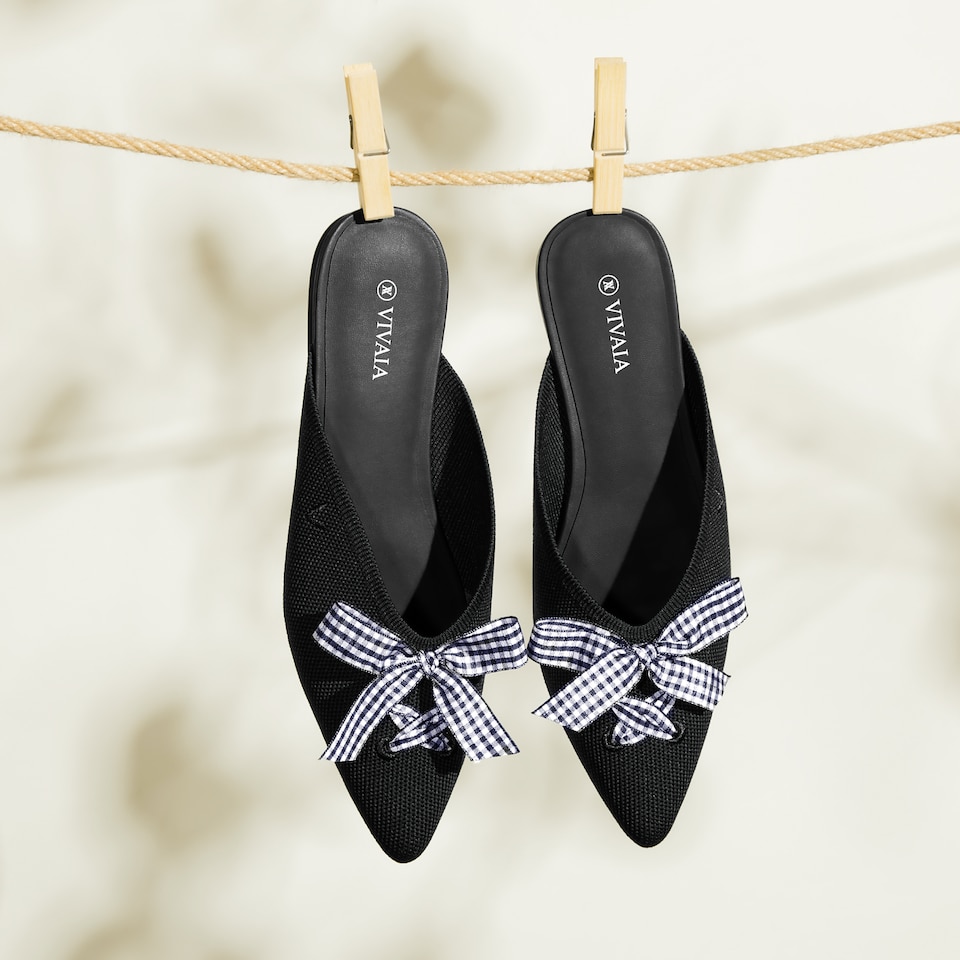 Molly Pointed-Toe Bow Mules in Solid Black - Women's Sustainable and Stylish Shoes | Vivaia