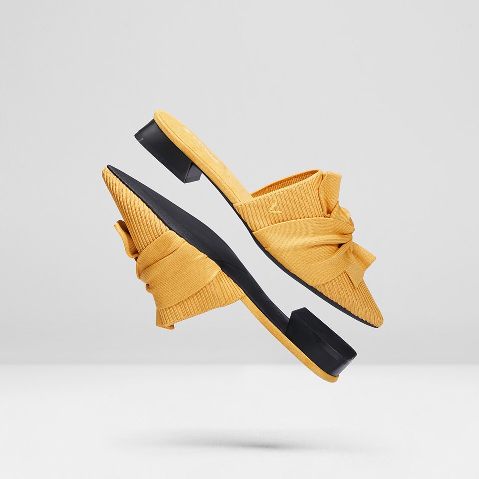 Yaffa Pointed-Toe Knot Mules in Mustard Yellow - Women's Sustainable and Stylish Shoes | Vivaia