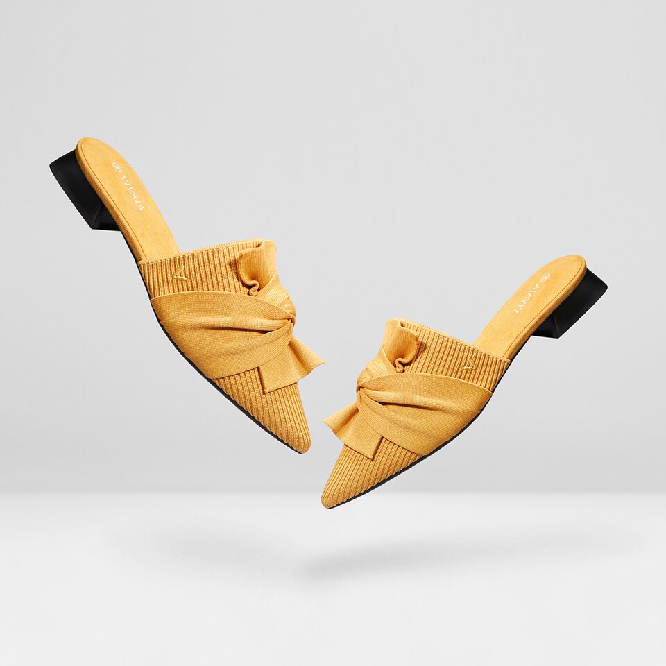 Yaffa Pointed-Toe Knot Mules in Mustard Yellow - Women's Sustainable and Stylish Shoes | Vivaia