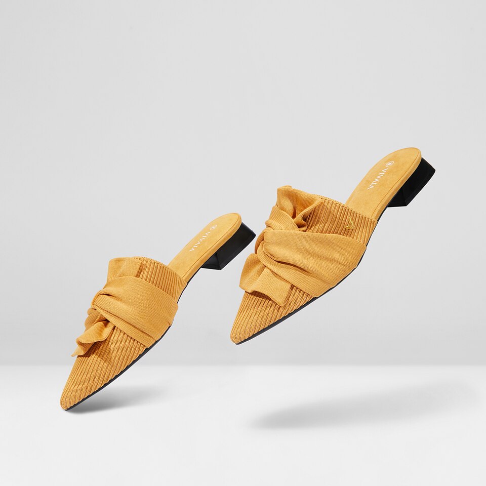Yaffa Pointed-Toe Knot Mules in Mustard Yellow - Women's Sustainable and Stylish Shoes | Vivaia