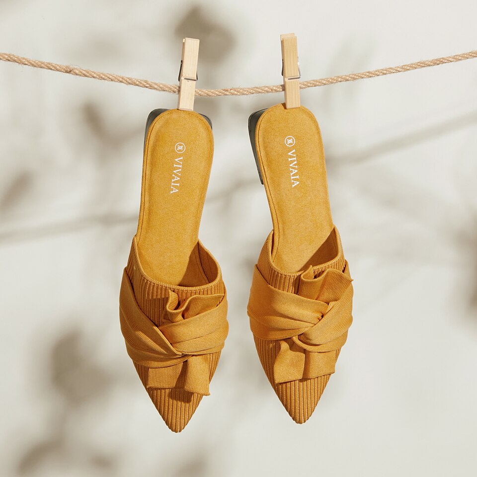 Yaffa Pointed-Toe Knot Mules in Mustard Yellow - Women's Sustainable and Stylish Shoes | Vivaia