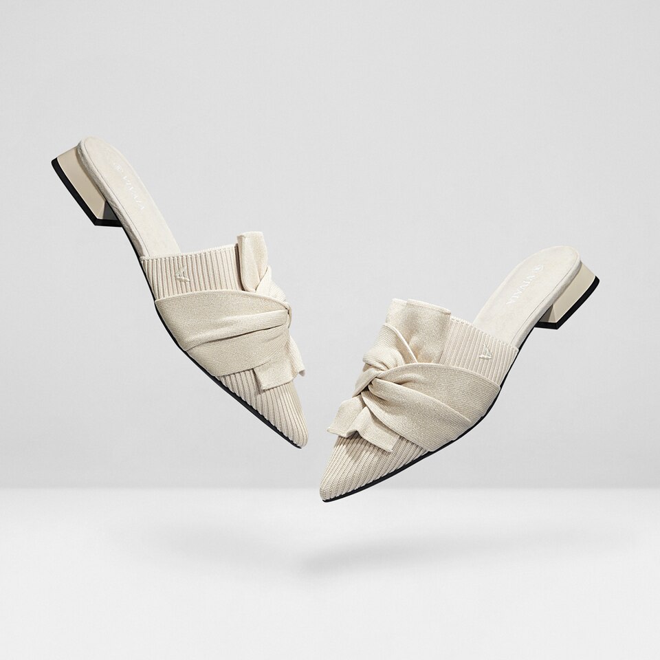 Yaffa Pointed-Toe Knot Mules in Cream Ivory - Women's Sustainable and Stylish Shoes | Vivaia