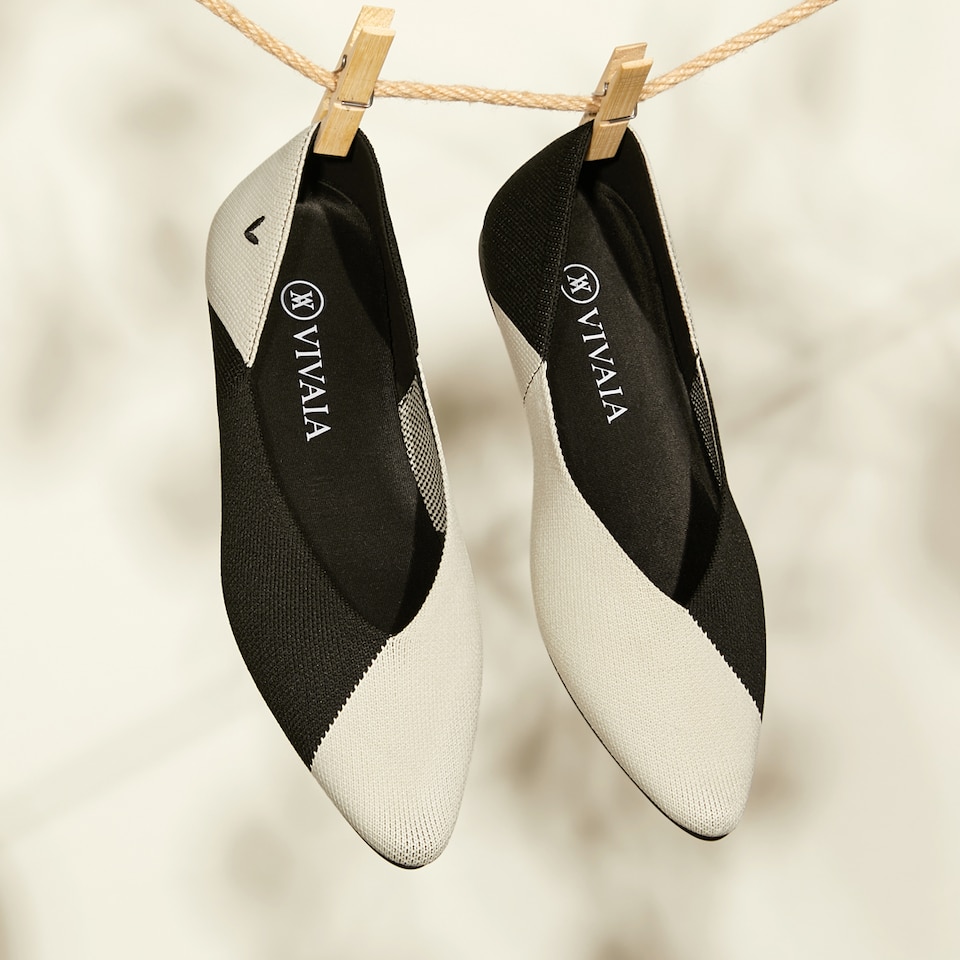 Valencia Pointy Flats in Ebony Ivory | Women's Sustainable, Washable and Stylish Black Shoes | VIVAIA