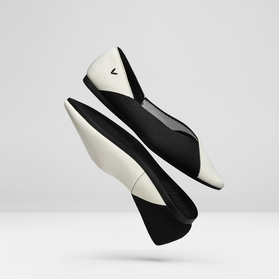 Valencia Pointy Flats in Ebony Ivory | Women's Sustainable, Washable and Stylish Black Shoes | VIVAIA