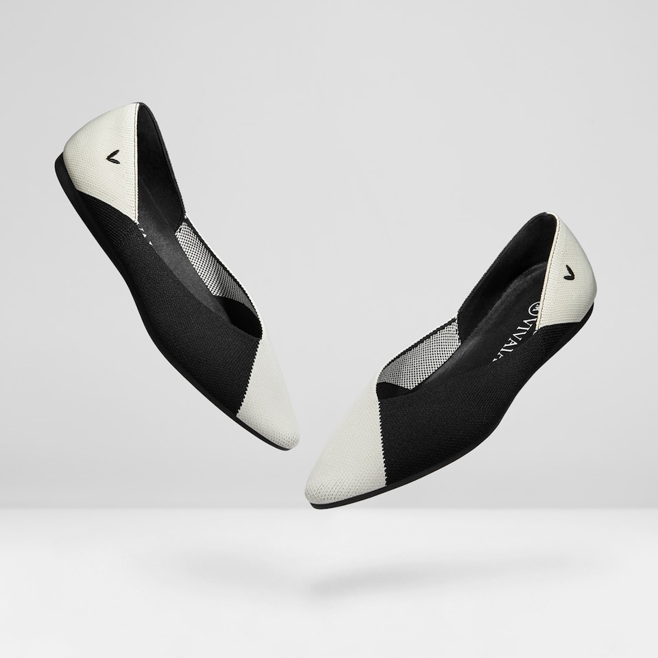 Valencia Pointy Flats in Ebony Ivory | Women's Sustainable, Washable and Stylish Black Shoes | VIVAIA