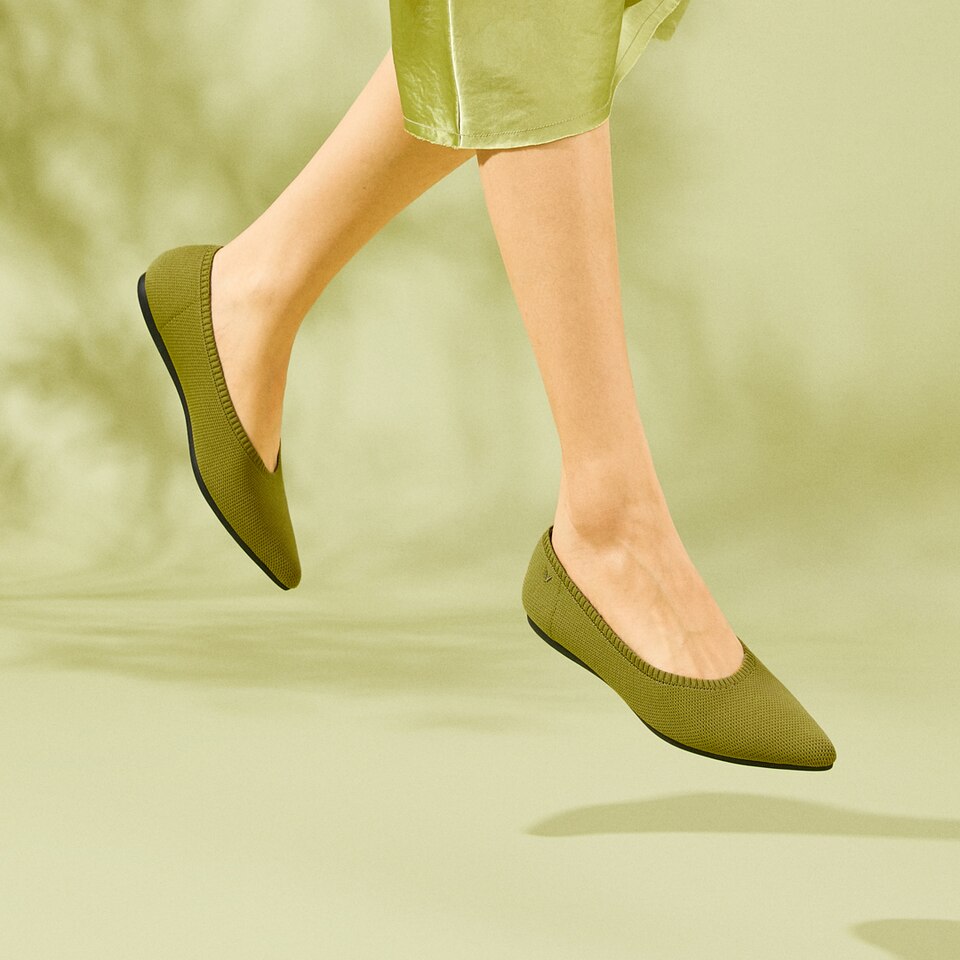 Aria 2.0 Pointy Flats in Olive Green | Women's Sustainable, Washable and Stylish Shoes | VIVAIA