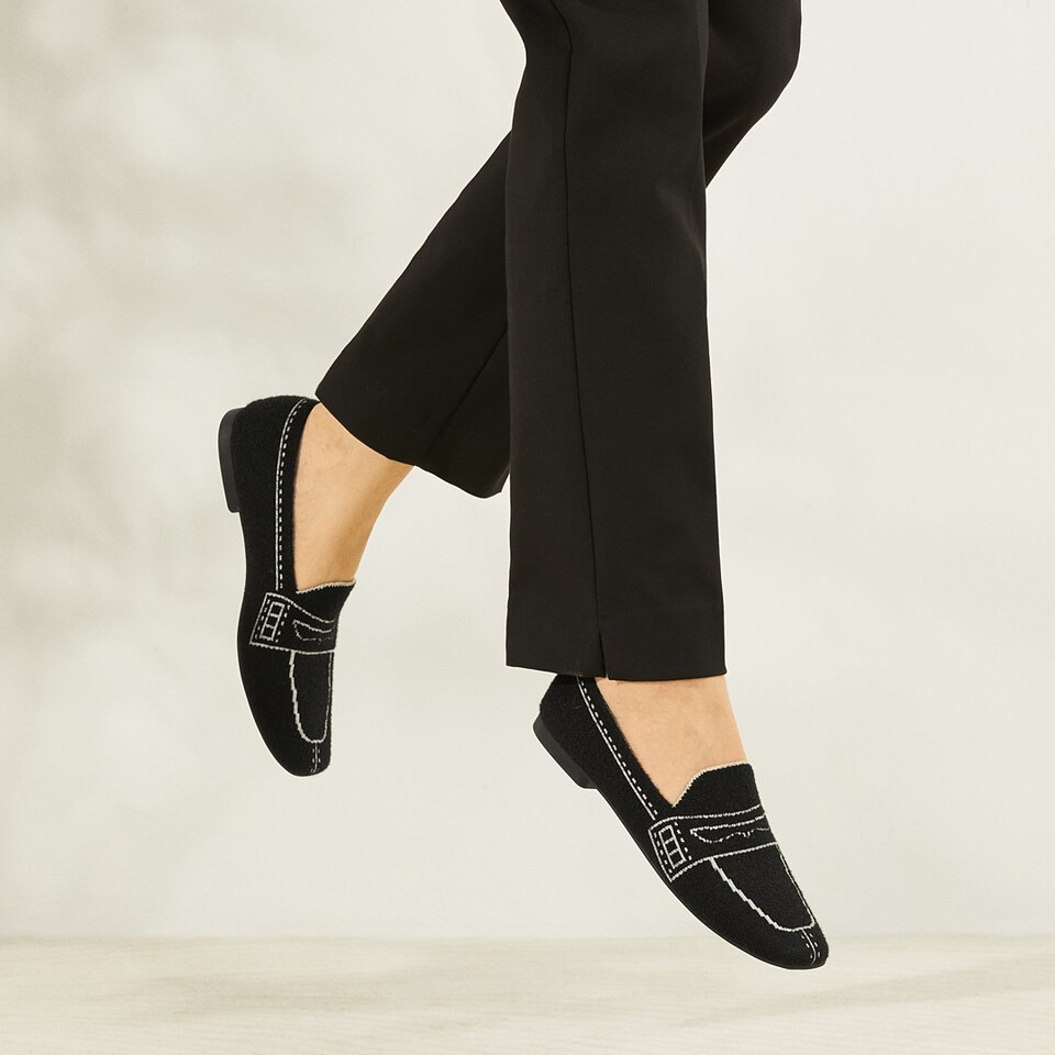 Sierra Square-toe Eco Fluffy Yarn Loafers in Black | Women's Sustainable, Washable and Stylish Shoes | VIVAIA
