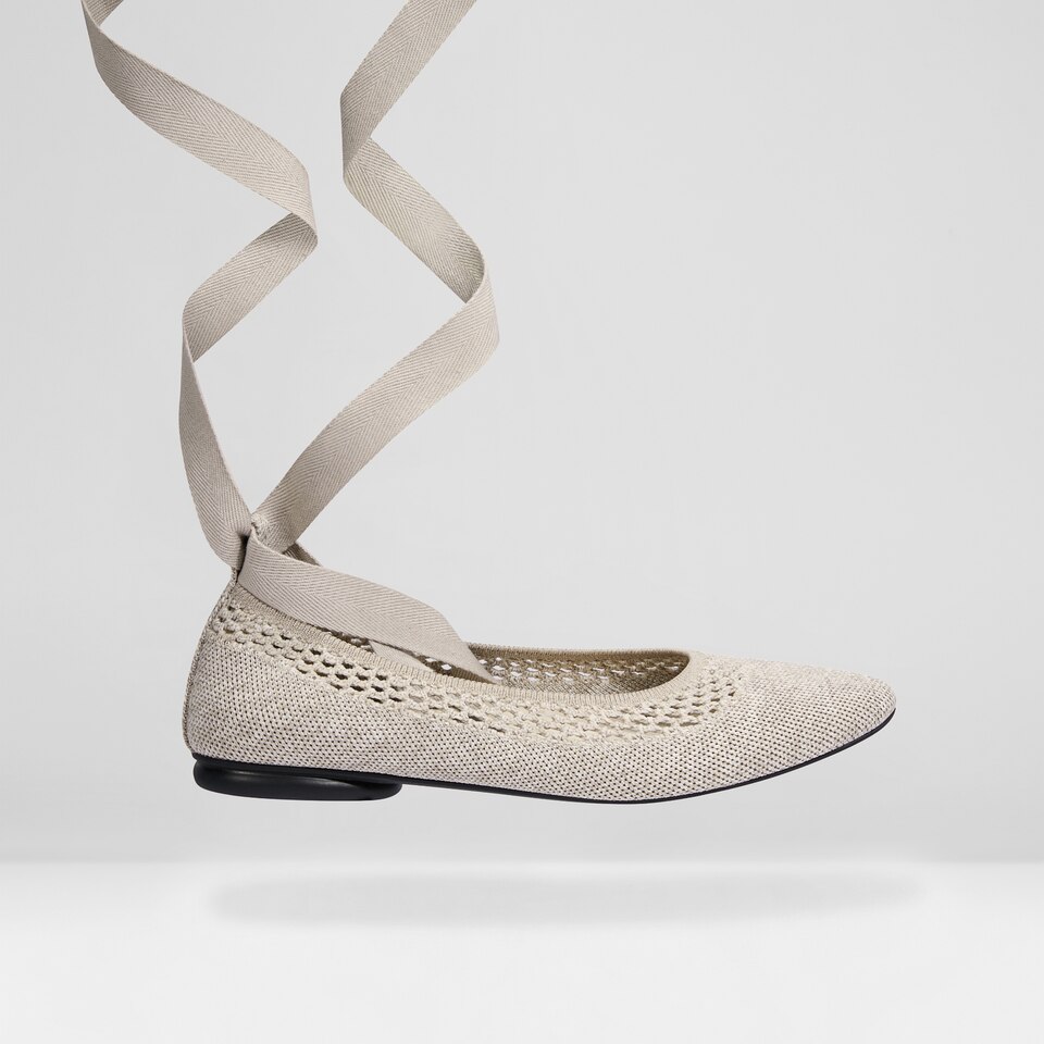Tamia Beatrice Adjustable Ankle Wrap Round Toe Flats in Oatmilk | Vivaia