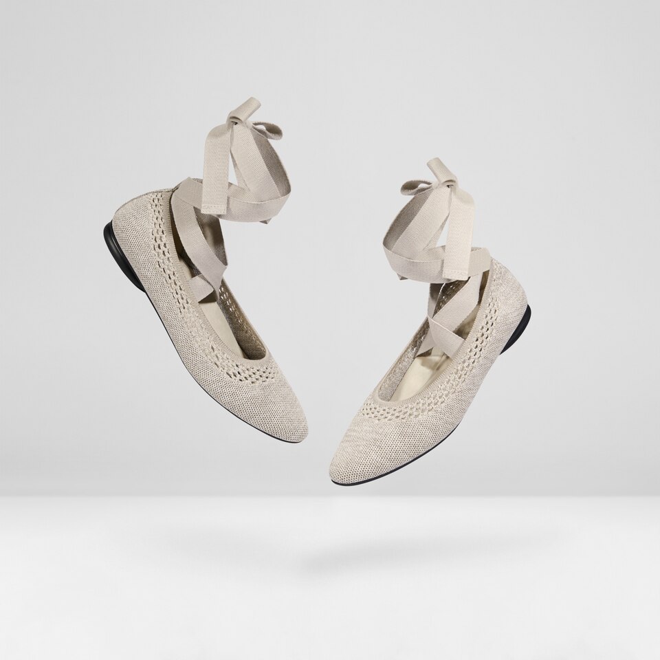 Tamia Beatrice Adjustable Ankle Wrap Round Toe Flats in Oatmilk | Vivaia