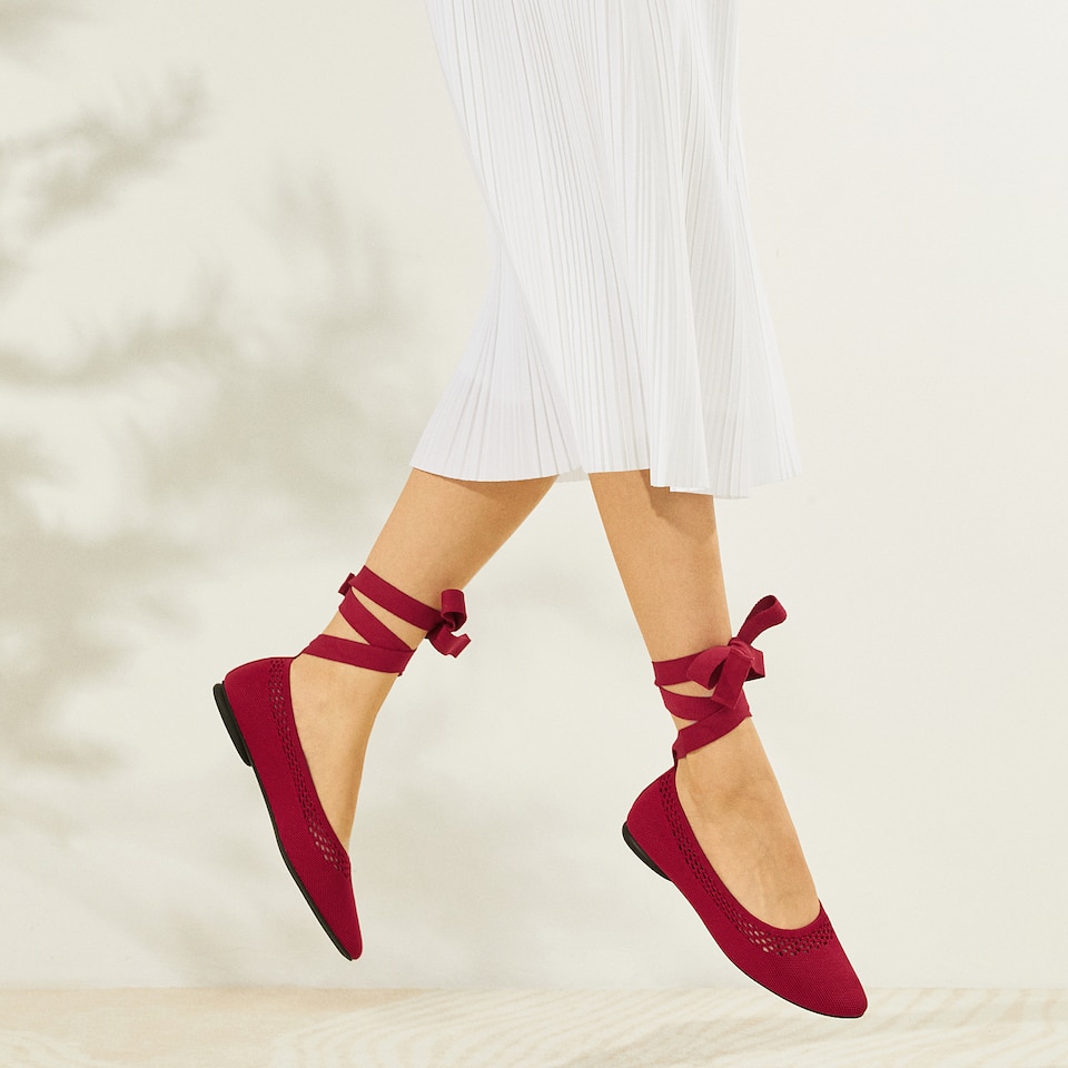 Tamia Beatrice Adjustable Ankle Wrap Round Toe Flats in Ruby Red | Vivaia