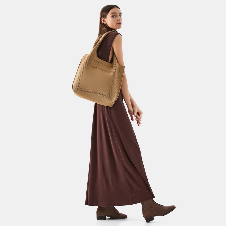 Zahara Sustainable Tote Bags With Inner bag-Khaki Brown | VIVAIA