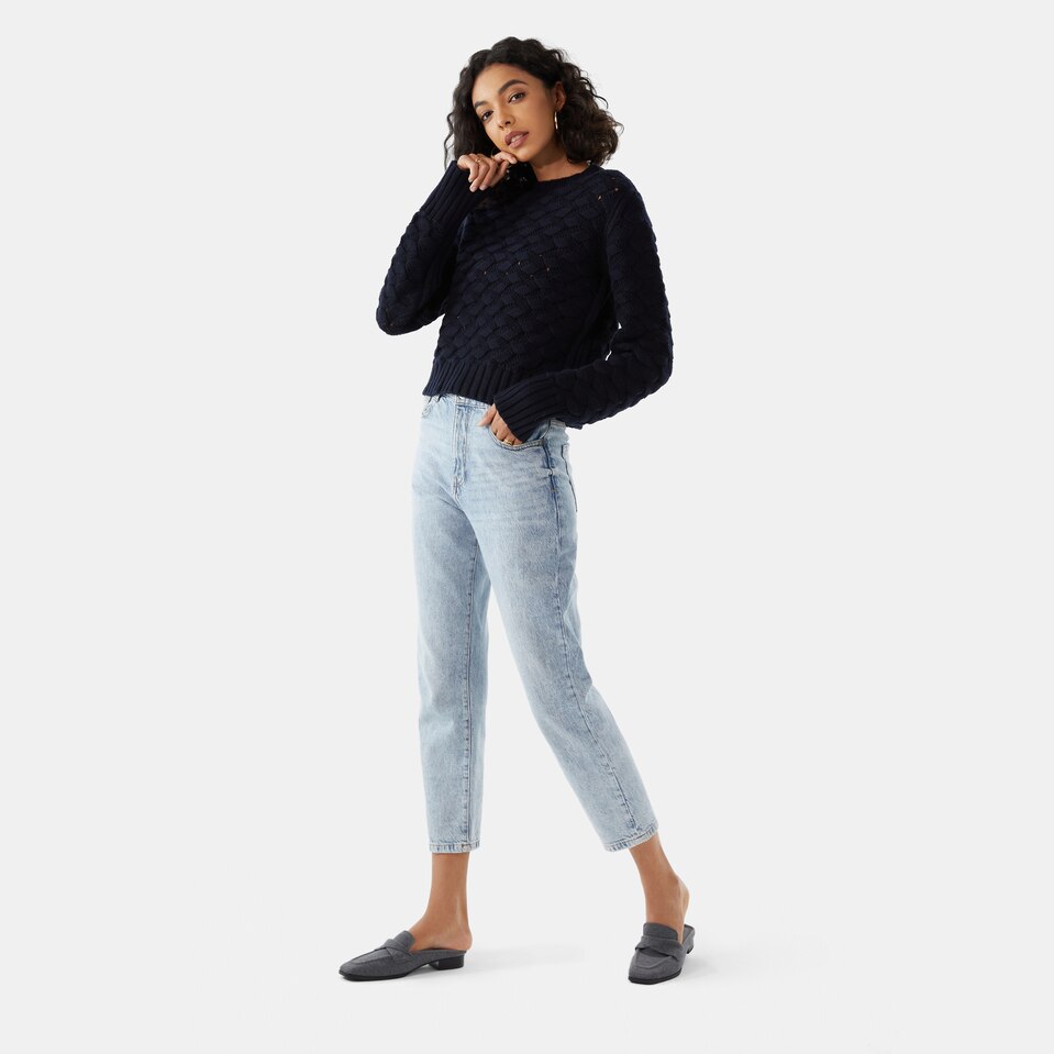 Gina Merino Wool Jacquard Sweater in Dark Blue | Women's Organic, Sustainable and Stylish Knitwears | Clothing | VIVAIA
