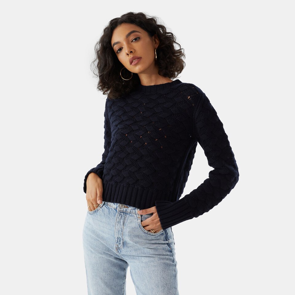 Gina Merino Wool Jacquard Sweater in Dark Blue | Women's Organic, Sustainable and Stylish Knitwears | Clothing | VIVAIA