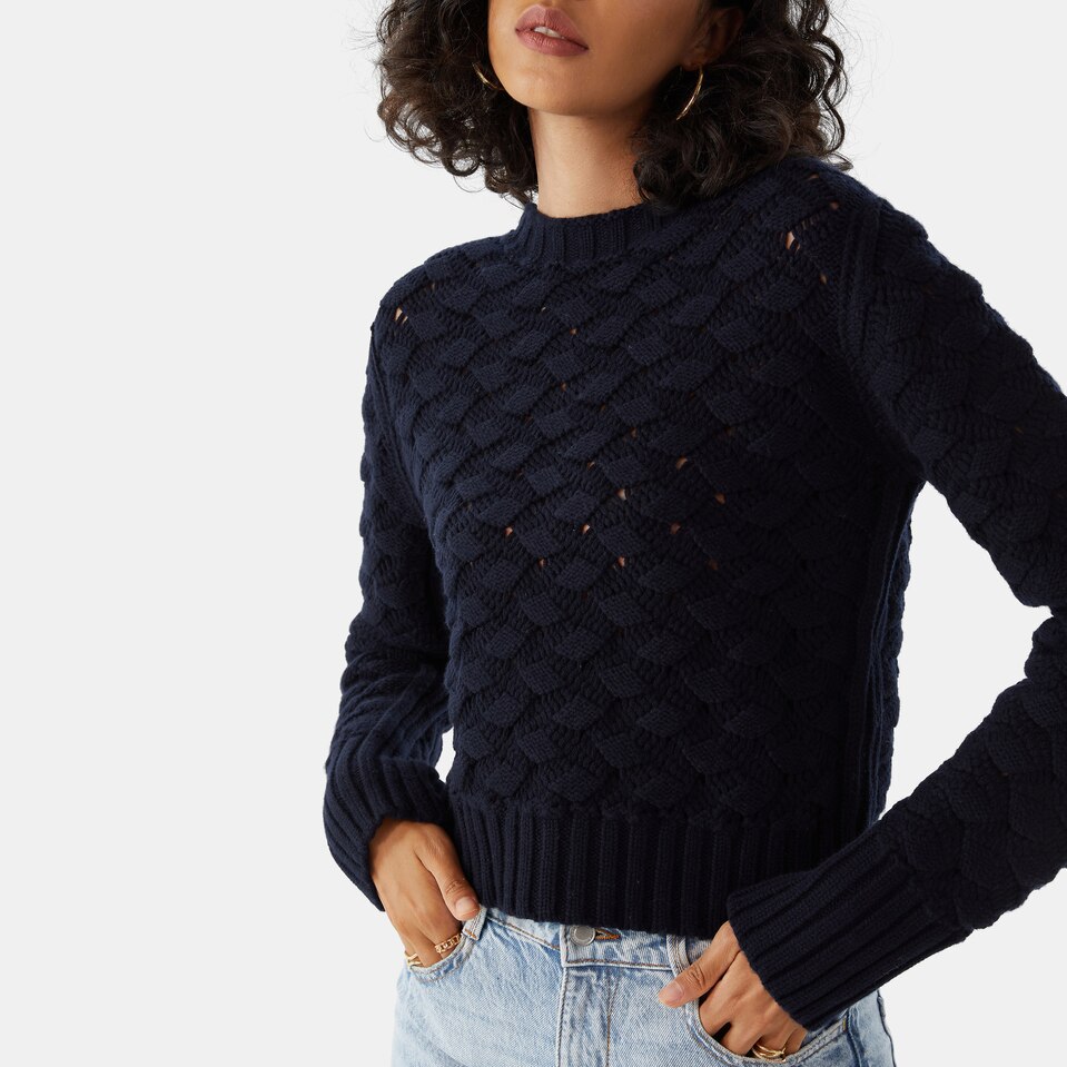 Gina Merino Wool Jacquard Sweater in Dark Blue | Women's Organic, Sustainable and Stylish Knitwears | Clothing | VIVAIA